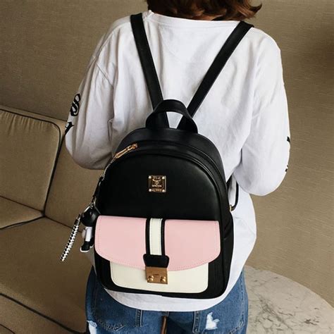 Sweet Women Contrast Color Girls School Bag Small Black Pu College