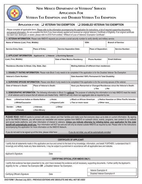 Dvs Form 1 Download Fillable Pdf Or Fill Online Application For Veteran Tax Exemption And