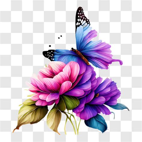 Descarga Mariposa Colorida en Flores Rosas y Moradas PNG En Línea