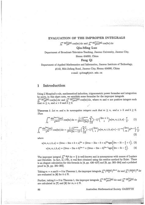 Pdf Evaluation Of The Improper Integrals Int Infty Frac Sin M