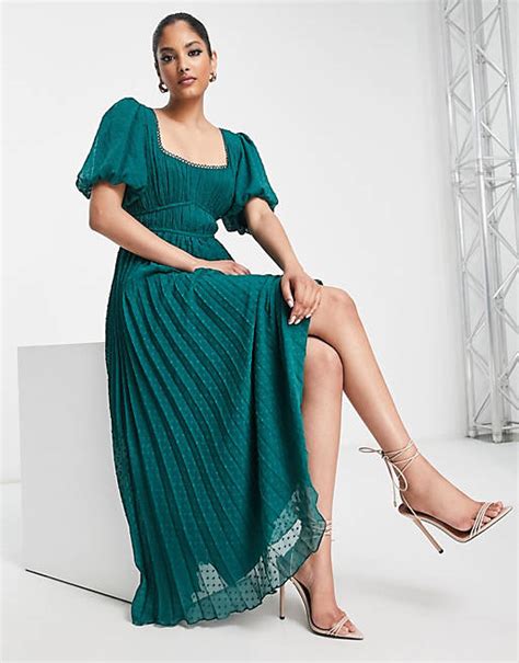 Asos Design Puff Sleeve Pleated Dobby Midi Dress With Scallop Trim In Forest Green Asos