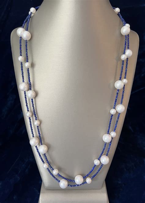 Lapis Lazuli Faceted Bead And White Freshwater Pearl Necklace Lapis