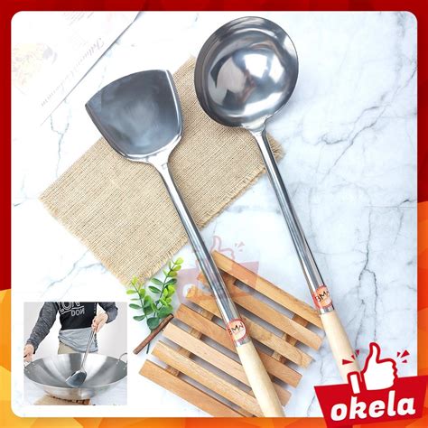 Jual Okela Sodet Spatula Stainless Panjang Gagang Kayu Centong Irus