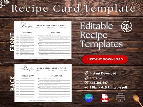 EDITABLE Recipe Card Template 3 Sizes - Etsy