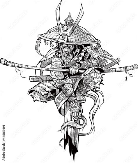 Cartoon Angry Monkey King Character Japanese Samurai In Traditional