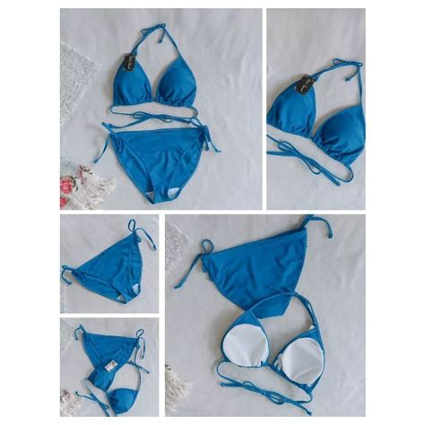 Bk Warna Biru Bikini Pantai Segitiga Ikat Dengan Busa Selip On