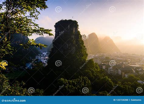 Sunrise Over Karst Rocks in Yangshuo China Stock Photo - Image of rock ...