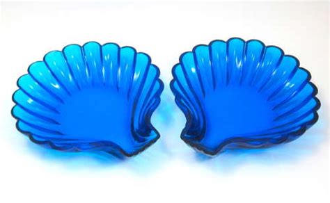 Stunning Pair Of Antique French Clear Blue Glass Scallop Shell Dishes