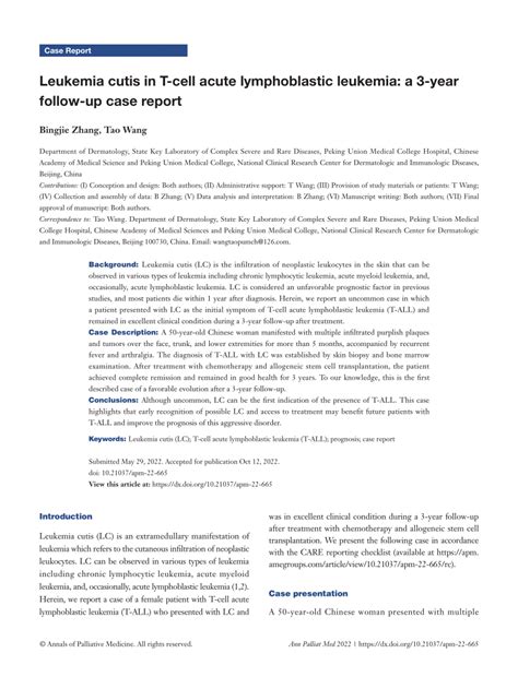 Pdf Leukemia Cutis In T Cell Acute Lymphoblastic Leukemia A 3 Year Follow Up Case Report