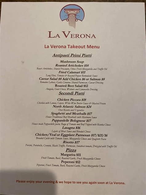 Menu at La Verona restaurant, Kennett Square