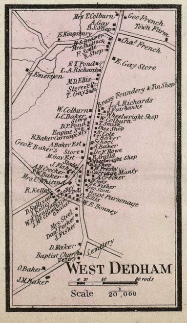 West Dedham Village Massachusetts 1858 Old Town Map Custom Print Norfolk Co Old Maps