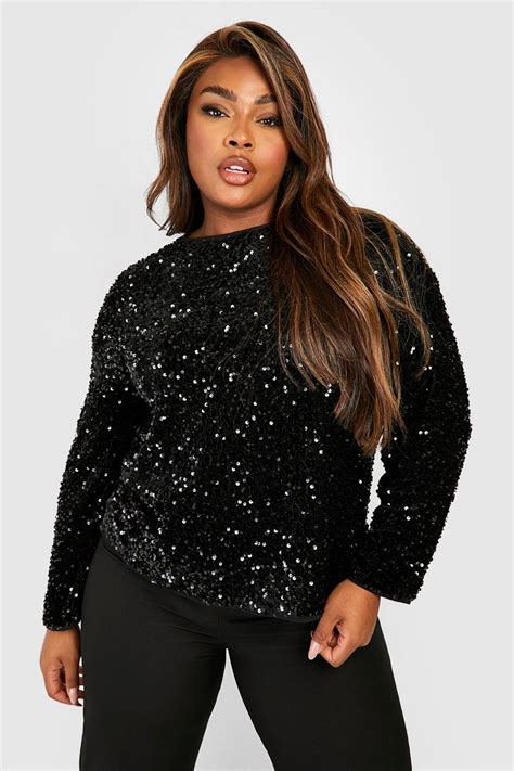 Black Plus Sequin Long Sleeved Top Boohoo Uk