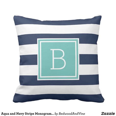 Aqua And Navy Stripe Monogram Outdoor Throw Pillow Zazzle In 2021