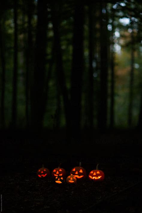 "Scary Halloween Pumpkins In The Forest At Dusk" by Stocksy Contributor "Mosuno" - Stocksy