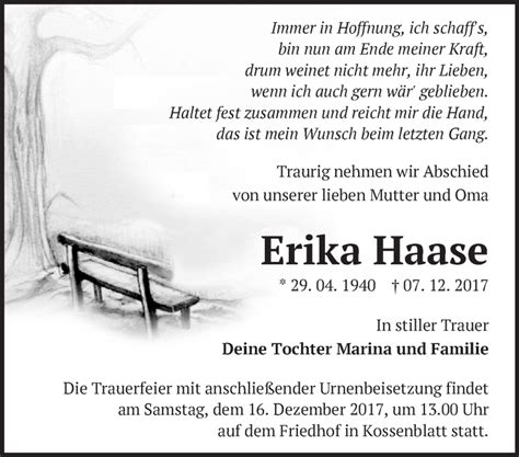 Traueranzeigen von Erika Haase Märkische Onlinezeitung Trauerportal