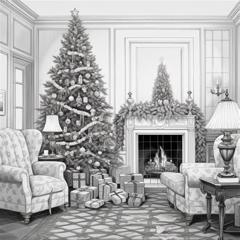 Arafed drawing of a living room with a christmas tree and a fireplace ...