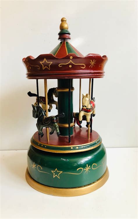 Vintage Carousel Merry Go Round Music Box Carved Wood Horses Etsy