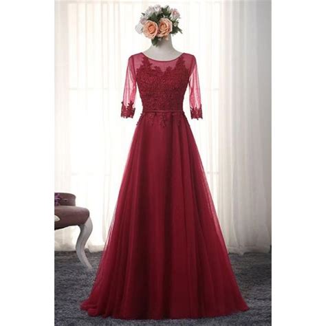 A Line Scoop Neck Open Back Burgundy Tulle Mother Evening Prom Dress With Sleeves