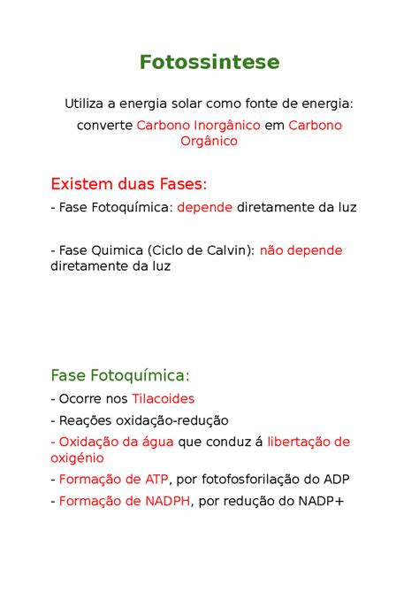 Resumo da fotossintese - Fotossintese Utiliza a energia solar como ...