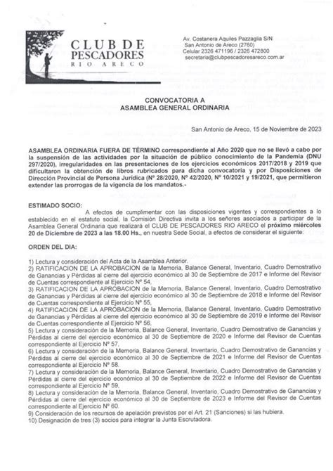 Convocatoria A Asamblea General Ordinaria Del Club De Pescadores D As