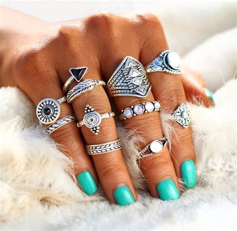 Boho Ring Set Vintage Crystal Tribal Boho Ring Set Bohemian Etsy Ring Sets Boho Bohemian