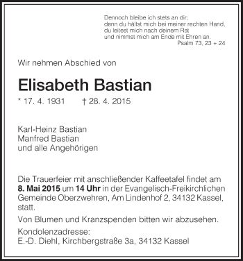 Traueranzeigen Von Elisabeth Bastian Trauer Hna De