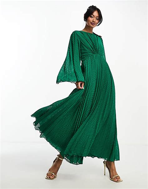 Asos Design Tie Back Fluted Sleeve Pleated Chevron Chiffon Midi Dress