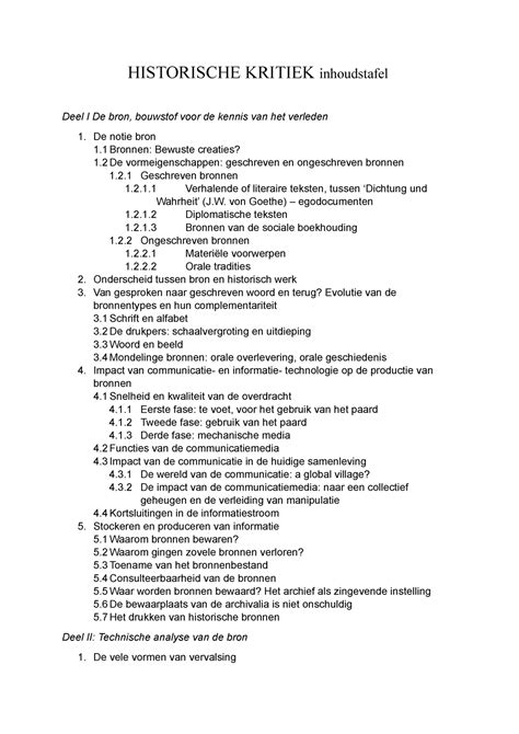 Historische Kritiek Inhoudstafel Historische Kritiek Inhoudstafel