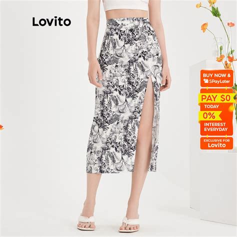 Lovito Boho Landscape Print Ruched Split Thigh Side Zip Skirt For Women