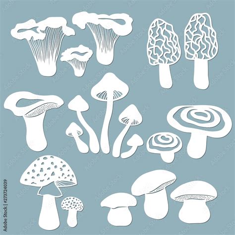 Set Templates Mushrooms For To Cut With A Laser From Paper White