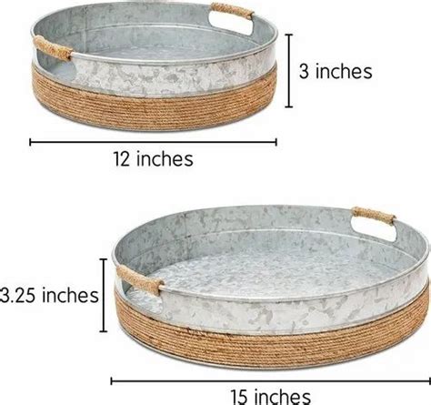 Galvanized Metal Serving Trays With Rope Covered Handles Set Of 2 15 Inch And 12 Inch At Rs