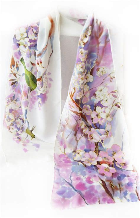 Hand Painted Silk Scarf White Scarf Cherry Blossom Green Etsy UK