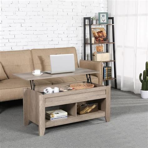 Table Basse Avec Plateau Relevable Gris Compartiements Ouverts