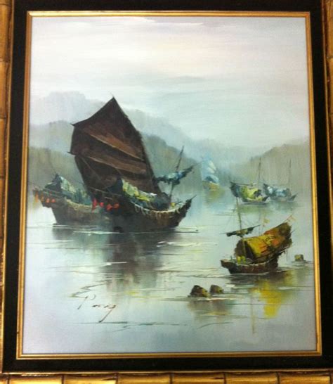 Chinese Junk Boat Original Oil Painting By P Wong Signed On Canvas