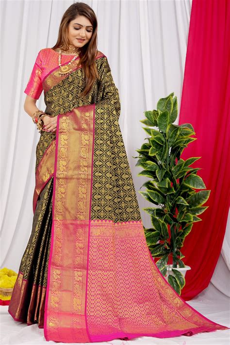 Black Color Kanchipuram Silk Saree With Zari Weaving Work