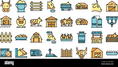 Breeding Cows Icons Set Outline Vector Dairy Milk Eat Farm Color Thin Line Stock Vector Image