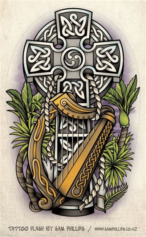 Celtic cross and harp tattoo design