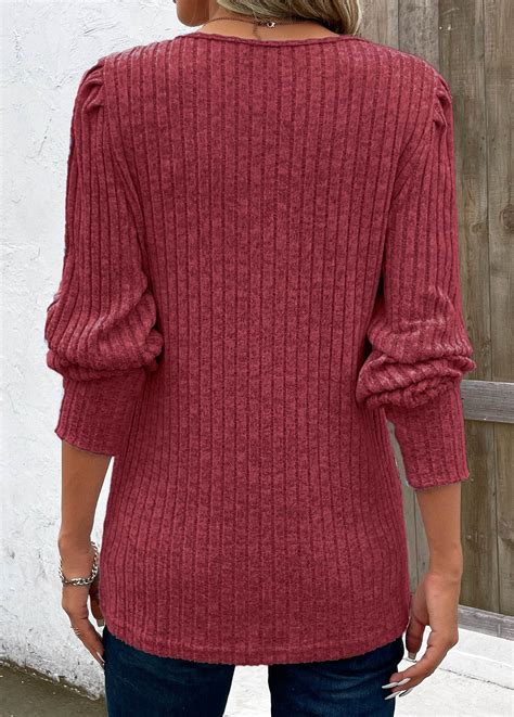 Wine Red Patchwork Long Sleeve V Neck T Shirt Modlily USD 34 98