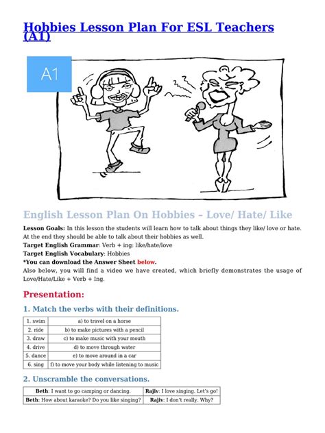 Hobbies Lesson Plan English Language