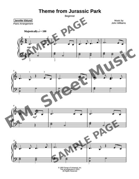 Jurassic Park Theme (for Beginners) By John Williams - F.M. Sheet Music ...