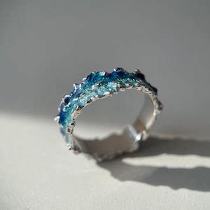 White Gold Ring Wave Ring Blue Enamel Ring Unique Wedding Rings Sea ...