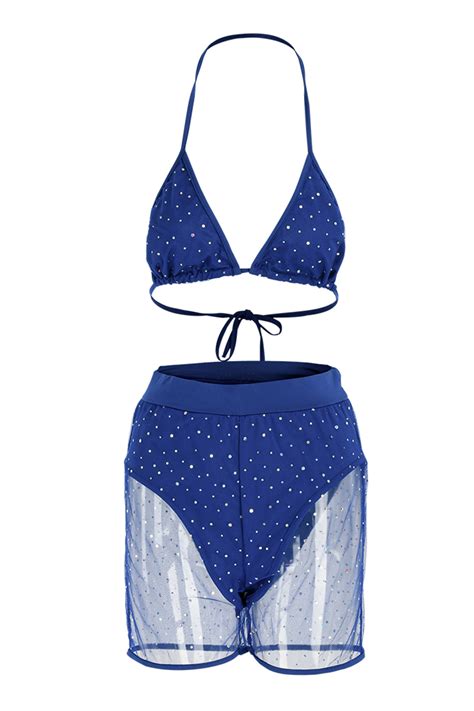 Fashion Sexy Mesh Sequins Light Blue Swimsuit Set