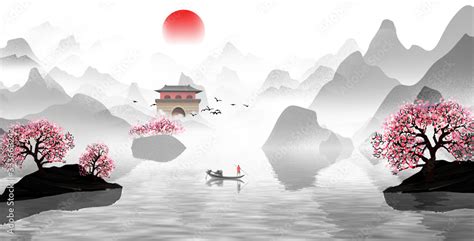 中国风水墨山水画 Stock Illustration | Adobe Stock