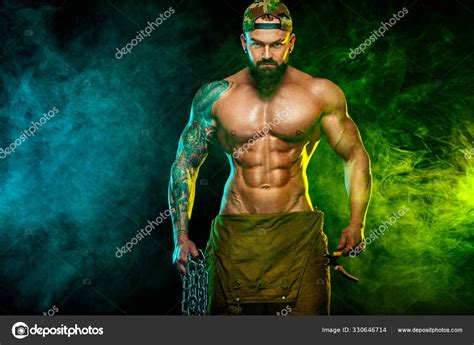 Gay Streptizer With Naked Torso Muscular Fitness Sports Man Atlete With Chains In Fitness Gym