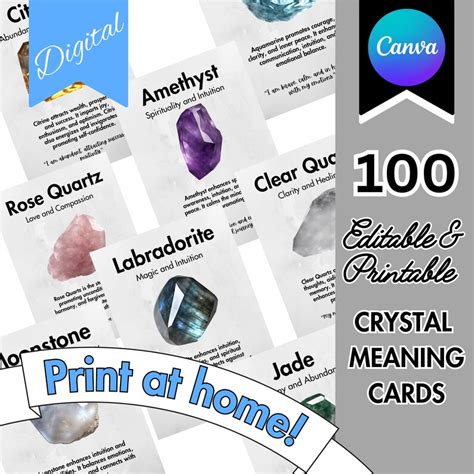 100 Crystal Meaning Cards Digital Editable And Printable Gemstone Cards Instant Download Crystal