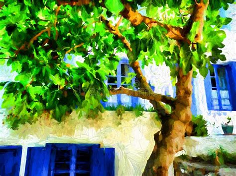 Alonissos Greek Island House with a Big Tree. Digital Painting. Stock ...