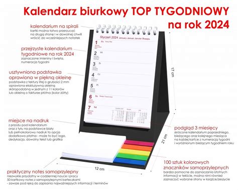 Kalendarz Biurkowy Z Notesem I Znacznikami TOP Tygodniowy 2024