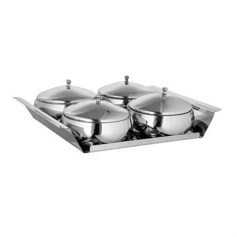 Stainless Steel Snack Serving Set With Tray 4 Pcs Bowl With Lid One