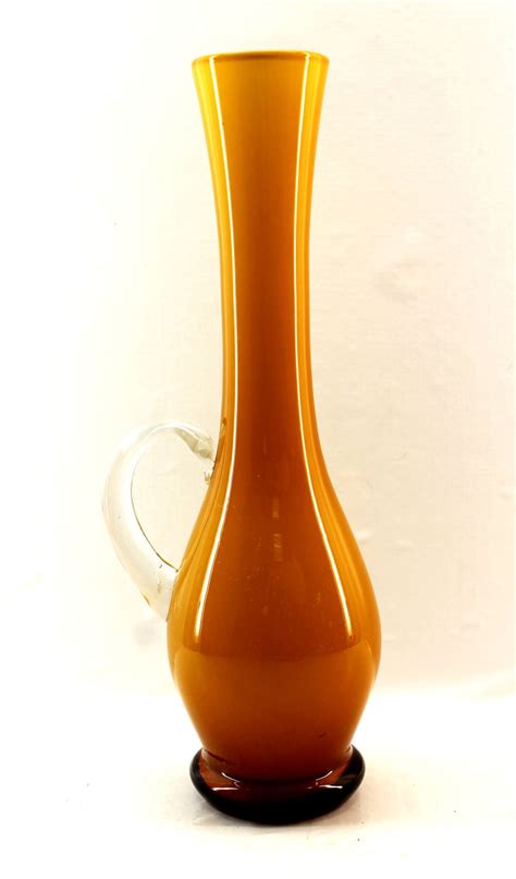 Orange Cased Glass Vase With Clear Handle