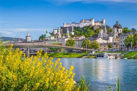 Historic City Of Salzburg With Salzach River In Summer Austria Stock